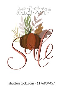 Colorful vector illustration for autumn sale with image of autumn attributes - pumpkin, foliage and yellow colors.