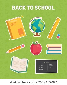 Colorful vector illustration of back to school icons in flat cartoon style. Includes book, globe, pencil, apple, chalkboard, open book, ruler, eraser, and stack of books. Perfect for educational conte