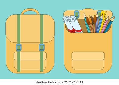 Colorful vector illustration of a backpack, shown closed and open with school supplies. Ideal for back-to-school designs and educational themes.