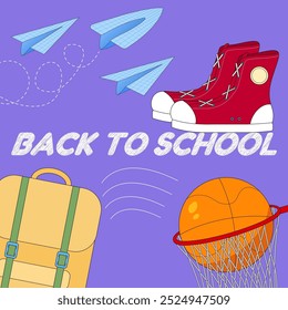 Colorida Ilustración vectorial de elementos esenciales de regreso a la escuela, incluyendo zapatillas de deporte, una pelota de baloncesto, mochila y aviones de papel para diseños educativos creativos.