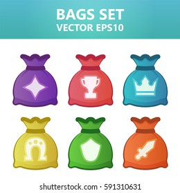 Colorful vector illustration bags with gaming symbols. Ready assets set for game design and web application.