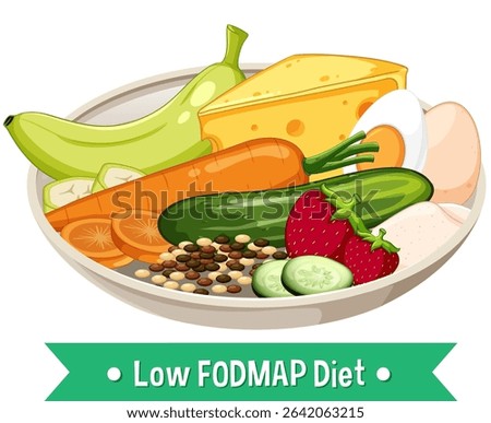 Colorful vector illustration of a balanced low FODMAP diet plate with fruits, vegetables, and cheese