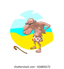 Colorful vector illustration of an bald old man, grandpa, on the beach, wearing old shorts and sunglasses. With a naughty smile on his face.