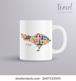 Colorful vector illustration of Bali island map with traditional cultural icons, temples, animals, and nature elements. Includes ceramic mug mockup. Perfect for travel prints, souvenirs, gifts, and to