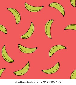 Colorful vector illustration of bananas pattern in stripped-down style in simple irregular strokes.