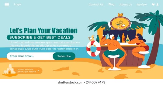 Colorful vector illustration of a bar scene on the beach, for vacation planning websites or apps, isolated on white.