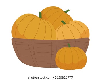 Ilustração vetorial colorida de uma cesta cheia de abóboras. Esta imagem destaca as laranjas vibrantes e os tons terrosos, capturando a essência do outono e época de colheita.