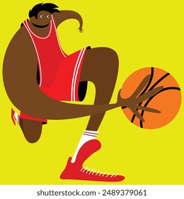 Colorful vector illustration of basketball player in red uniform, in motion with basketball ball on bright yellow background, dynamic action and athleticism. Concept of sport, competition, game.