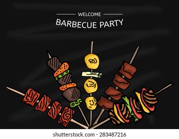 Colorful vector illustration of a BBQ party on the blackboard