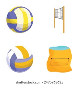 Ilustración vectorial colorida del equipo del voleibol de playa fijado con la bola, la red, y el equipo inflable para la actividad recreativa al aire libre