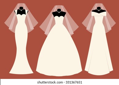 Colorful vector illustration with beautiful bridal dresses and accessories. Set of 3 types of wedding gown with veil and jewelry (necklace). Elements for design of invitation card to marriage ceremony