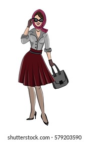 Colorful vector illustration of beautiful elegant woman in red skirt, scarf and sunglasses