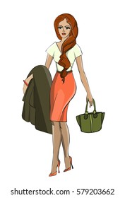 Colorful vector illustration of beautiful elegant woman in orange skirt with green coat and handbag