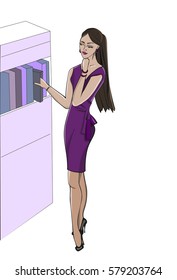 Colorful vector illustration of beautiful elegant business woman in violet dress