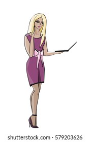 Colorful vector illustration of beautiful fancy business lady in rose dress with a laptop