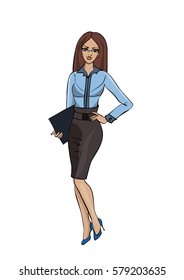 Colorful vector illustration of beautiful fancy business woman holding a paper case