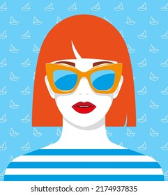 Colorful vector illustration of beautiful young redhead woman wearing large fashionable sunglasses against blue background with ships