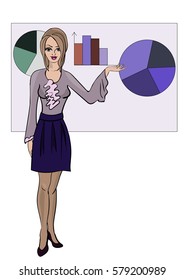 Colorful vector illustration of beautiful young business woman giving a presentation