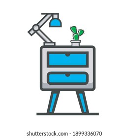 colorful vector illustration. bedside nightstand table and decorative cactus plants