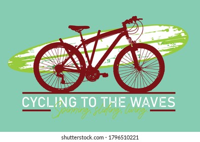 Colorful vector illustration of bicycle with surfboard and text.