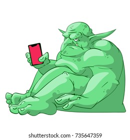 Colorful vector illustration of a big fat green and grumpy internet troll