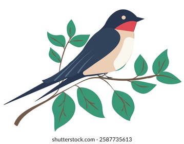 Colorful vector illustration of a bird perched on a branch with leaves in a bright and simple design