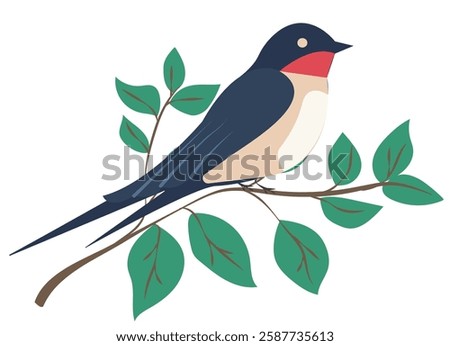 Colorful vector illustration of a bird perched on a branch with leaves in a bright and simple design
