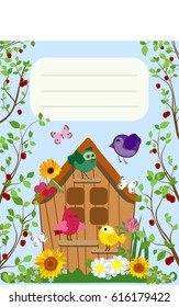 Colorful vector illustration of birds in a flat style near a birdhouse, flowers and cherry branches.