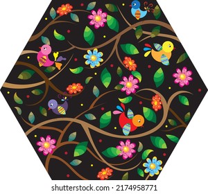 Colorful vector illustration of birds and flowers.Pattern on black background.Hand drawn.