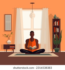 Colorful vector illustration of a black man reading a book. Meditating in the lotus position, practicing yogist in a room with decorative elements. Cartoon design, african american man relax