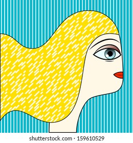 colorful vector illustration of a blonde woman seen from profile, with long, wavy hair and stylized features