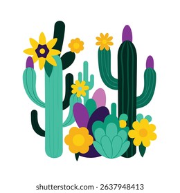 Colorful vector illustration of blooming cactus and desert plants