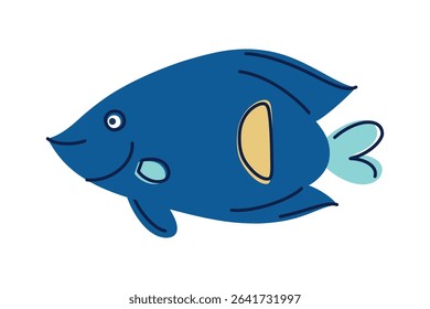 Colorful vector illustration of blue angelfish with yellow crescent spot near tail. Flat cartoon tropical marine fish for underwater themes, childrens materials, ocean life, decor, aquariums icon