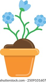 Colorful vector illustration of blue flowers in a terracotta pot. Gardening. Fertile soil. 