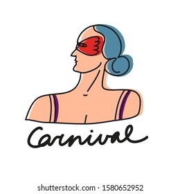 Colorful vector illustration with blue haired girl in red mask. Carnival or theatre related image. Hand drawn lettering with the word Carnival. Perfect for stickers