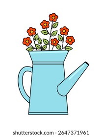 Colorful vector illustration of a blue watering can with red flowers, isolated on white, design for spring and summer themes, gardening, greeting card, decor, sticker.