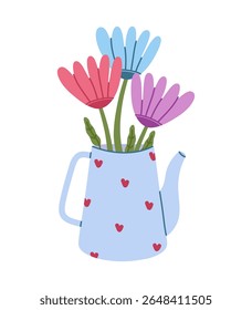 Colorful vector illustration of a blue watering can with  flowers, isolated on white, design for spring and summer themes, gardening, greeting card.