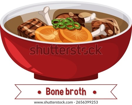 Colorful vector illustration of bone broth with vegetables in a red bowl, showcasing a vibrant and appetizing composition