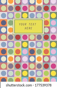 colorful vector illustration of book or notebook cover, with geometric pattern of circles on square grid and a green label