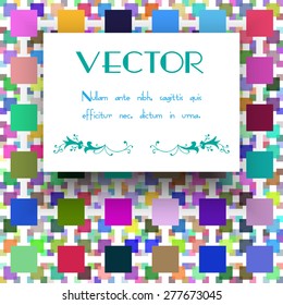 Colorful vector illustration of book or notebook cover, with geometric pattern of square grid and a white label with place for text and hand drawn elements.