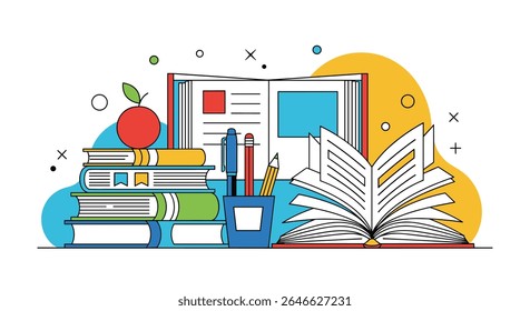 A Colorful Vector Illustration of Books Apple and Open Book for Study and Education