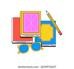 Colorful vector illustration of books, a pencil, and sunglasses in a hand-drawn cartoon style. Perfect for education and lifestyle themes