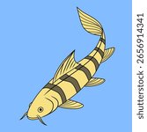 Colorful vector illustration of a botia loach with bold stripes and detailed fins, isolated on a light blue background. Ideal for marine-themed designs.