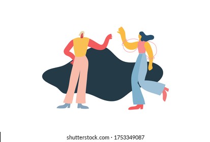 Colorful vector illustration with boy and girl in modern clothes dancing. Abstract shape in navy blue color on the background. People  having fun. Dance moves, fun, activity, entertainment.