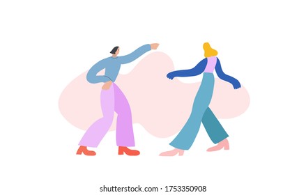 Colorful vector illustration with boy and girl dancing. Abstract shape on the background. People having fun. Dance moves, fun, activity, entertainment.