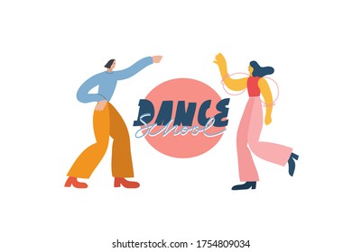 Colorful vector illustration with boy and girl dancing. Hand drawn lettering "Dance School". Dance, activity, fun.