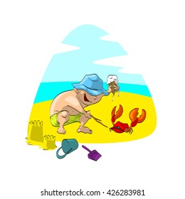 Colorful vector illustration of boy on the beach, playing with a crab.