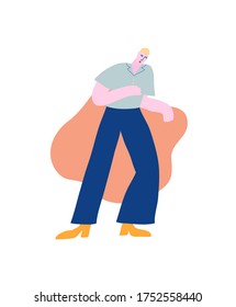 Colorful vector illustration with a boy trying to dance. Abstract shape on the background. Activity, entertainment.