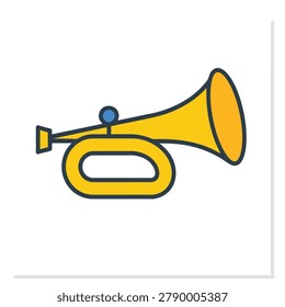 A colorful vector illustration of a brass bugle musical instrument isolated on a white background