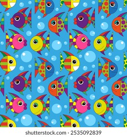 Colorful vector illustration. Bright geometric abstract with various face expressions fish on blue background. Seamless pattern.